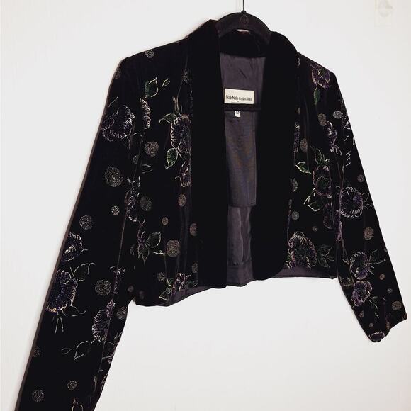 Vintage 90s Nah Nah Jonathan Tait Cropped Velvet Jacket 4P Bolero Flocked Floral - Picture 3 of 13